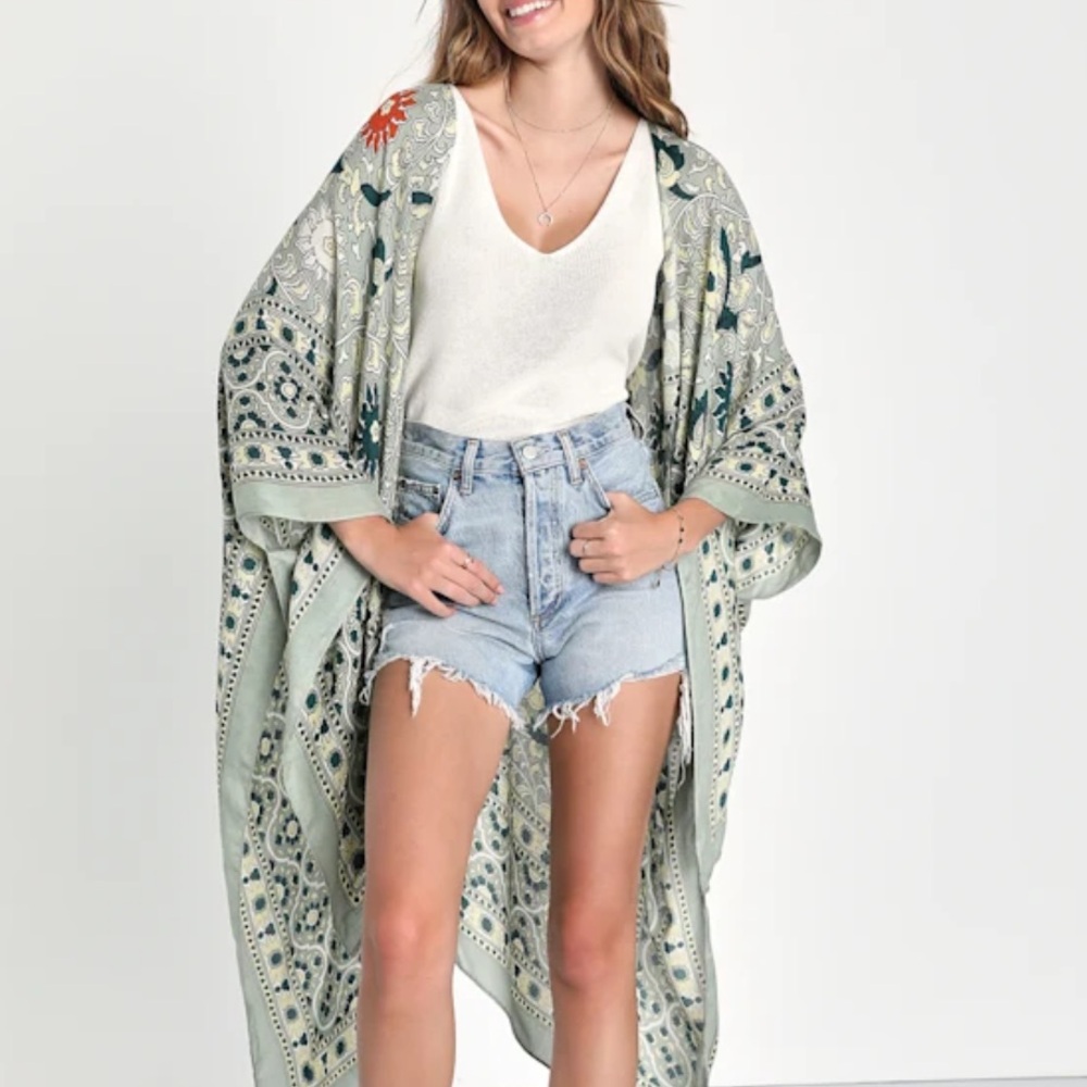 Free People Magic Dance Border Print Kimono in Sage Green